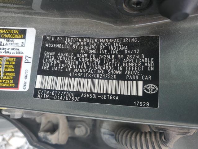 4T4BF1FK7CR217520 - 2012 TOYOTA CAMRY BASE 灰色 照片 12