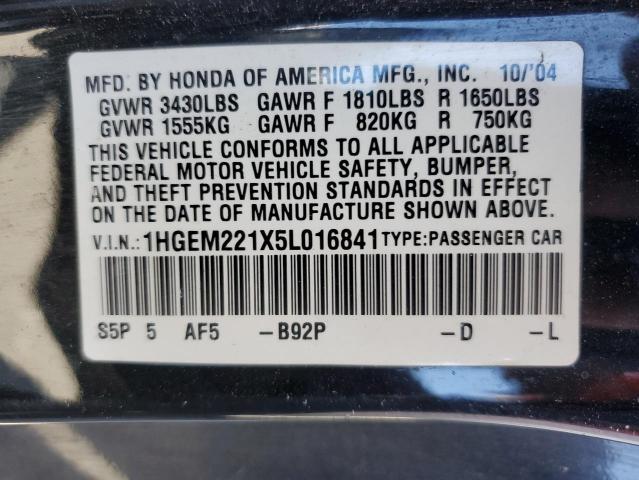 1HGEM221X5L016841 - 2005 HONDA CIVIC DX VP أسود صورة 12