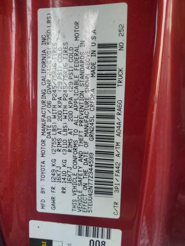 5TEUU42N77Z344599 - 2007 TOYOTA TACOMA ACCESS CAB RED photo 12