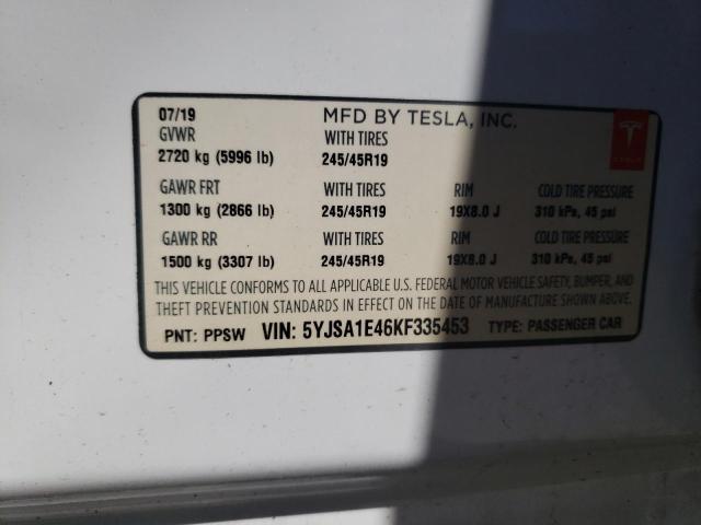 5YJSA1E46KF335453 - 2019 TESLA MODEL S Սպիտակ լուսանկար 13
