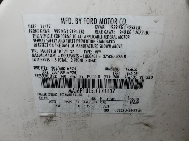 MAJ6P1UL5JC171137 - 2018 FORD ECOSPORT SE WHITE photo 13