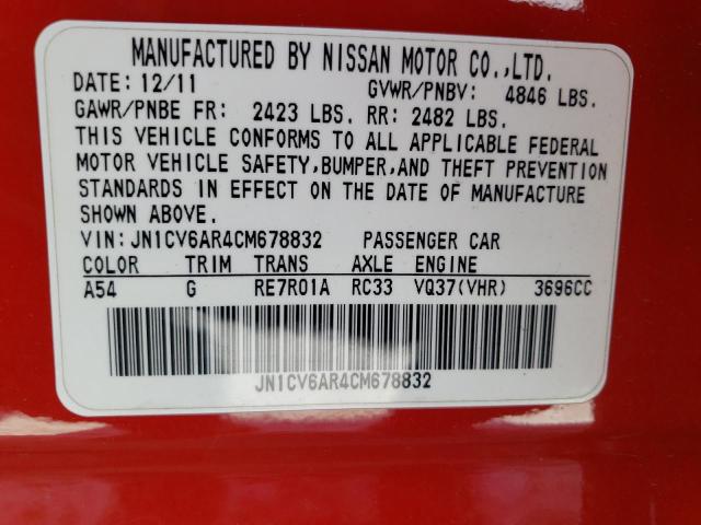 JN1CV6AR4CM678832 - 2012 INFINITI G37 RED photo 12