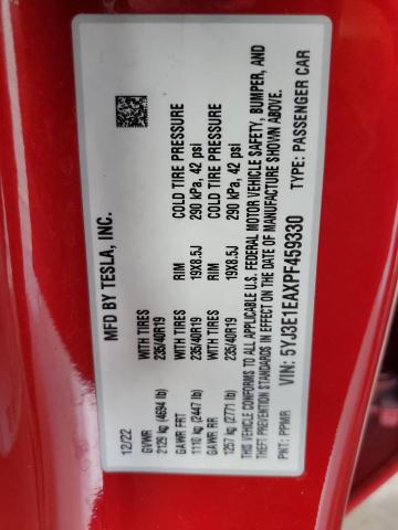 5YJ3E1EAXPF459330 - 2023 TESLA MODEL 3 RED photo 12