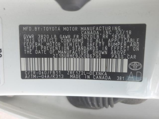 2T1BURHE9JC086790 - 2018 TOYOTA COROLLA L 白色 照片 12