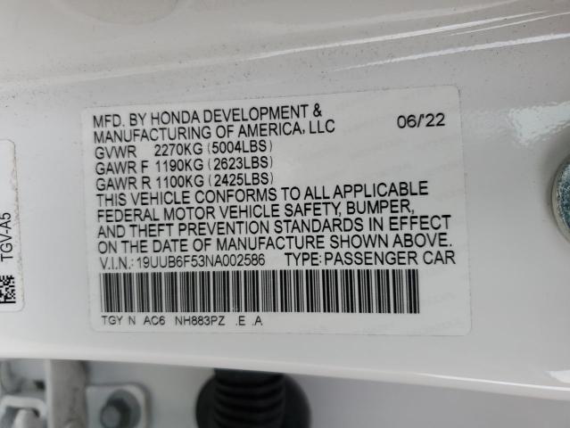 19UUB6F53NA002586 - 2022 ACURA TLX TECH A WHITE photo 12