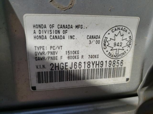 2HGEJ6618YH919856 - 2000 HONDA CIVIC BASE SILVER photo 13