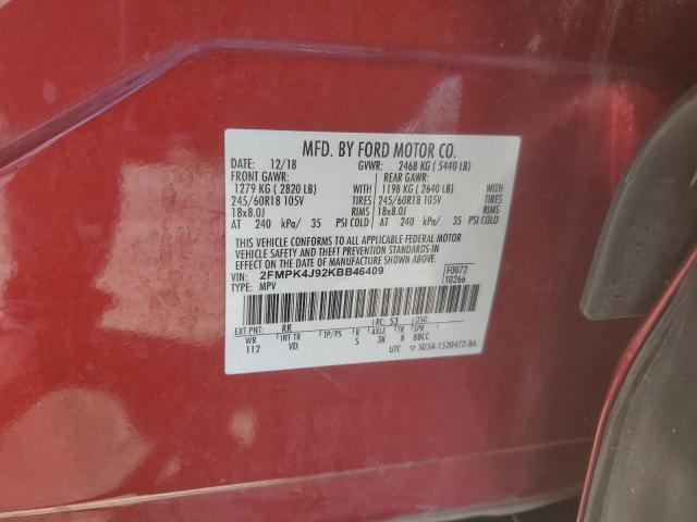 2FMPK4J92KBB46409 - 2019 FORD EDGE SEL 红色 照片 12