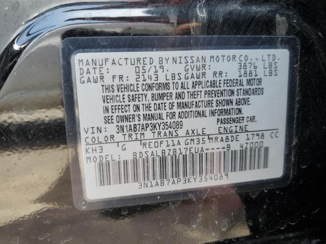 3N1AB7AP3KY354089 - 2019 NISSAN SENTRA S BLACK photo 13