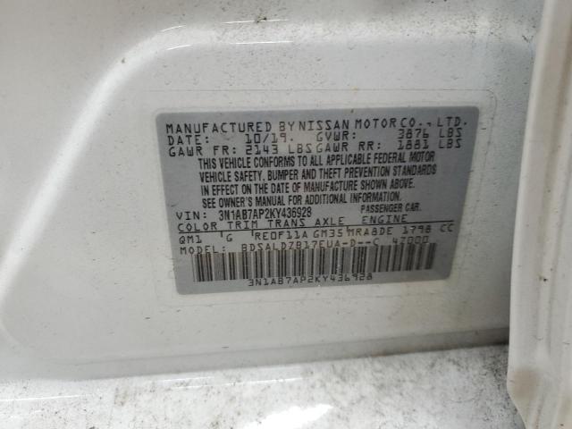 3N1AB7AP2KY436928 - 2019 NISSAN SENTRA S WHITE photo 12