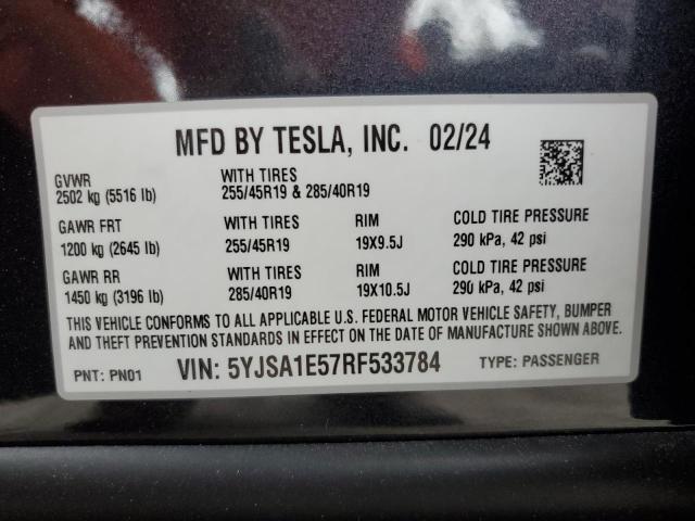 5YJSA1E57RF533784 - 2024 TESLA MODEL S 黑色 照片 12