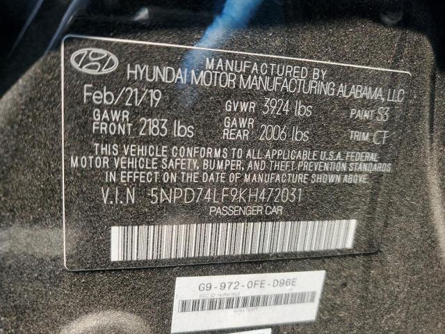 5NPD74LF9KH472031 - 2019 HYUNDAI ELANTRA SE CHARCOAL photo 12