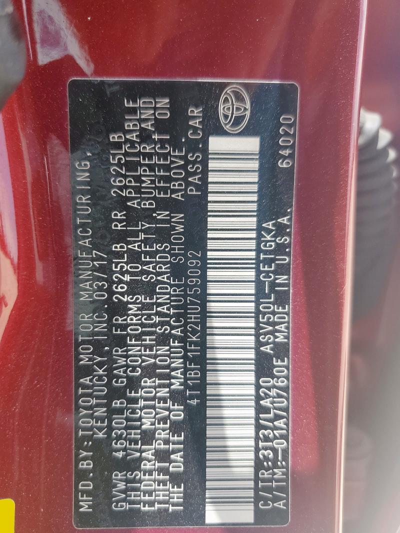 4T1BF1FK2HU759092 - 2017 TOYOTA CAMRY LE BURGUNDY photo 12