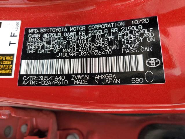 JTDL9MFUXM3026470 - 2021 TOYOTA PRIUS LE RED photo 13