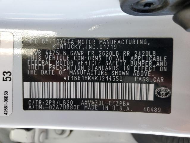 4T1B61HK4KU214550 - 2019 TOYOTA CAMRY XSE Beyaz fotoğraf 13