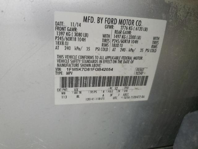 1FM5K7D81FGB42054 - 2015 FORD EXPLORER XLT SILVER photo 13