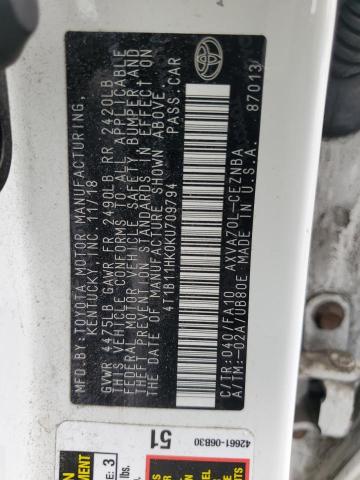 4T1B11HK0KU709794 - 2019 TOYOTA CAMRY L WHITE photo 12