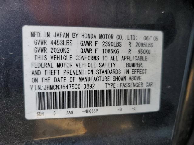 JHMCN36475C013892 - 2005 HONDA ACCORD HYBRID BLACK photo 10