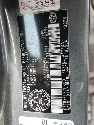 4T1BK1EB8DU011521 - 2013 TOYOTA AVALON BASE 灰色 照片 12