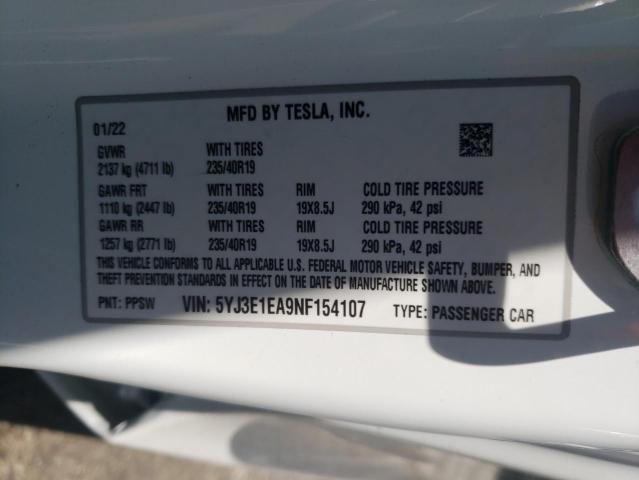 5YJ3E1EA9NF154107 - 2022 TESLA MODEL 3 WHITE photo 13