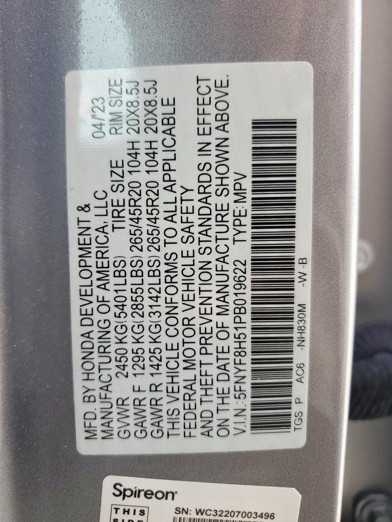 5FNYF8H51PB019622 - 2023 HONDA PASSPORT EXL Արծաթագույն լուսանկար 13