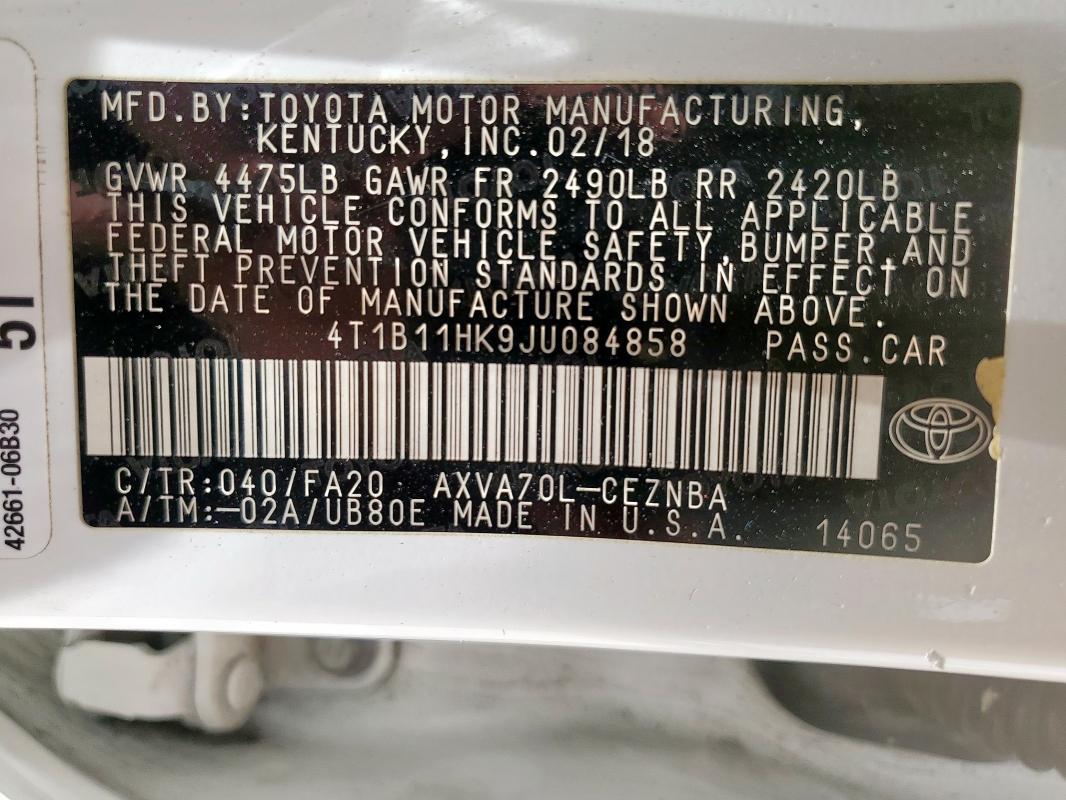 4T1B11HK9JU084858 - 2018 TOYOTA CAMRY L 白色 照片 13