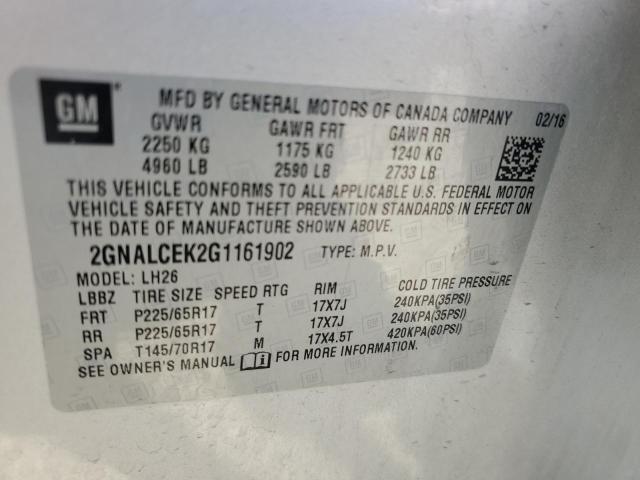 2GNALCEK2G1161902 - 2016 CHEVROLET EQUINOX LT SILVER photo 14