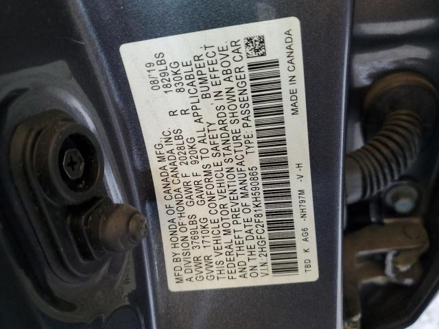 2HGFC2F81KH590865 - 2019 HONDA CIVIC SPORT 灰色 照片 12