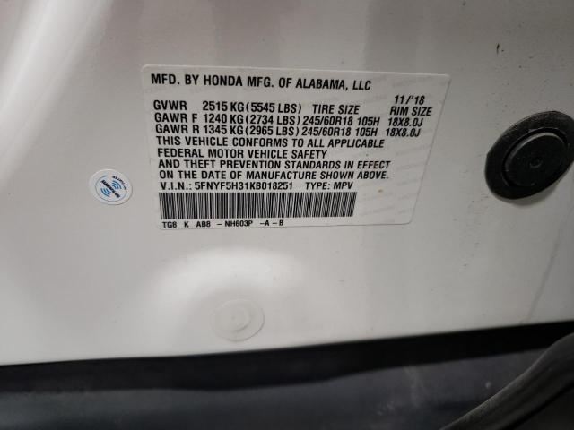 5FNYF5H31KB018251 - 2019 HONDA PILOT EX Ağ foto 13