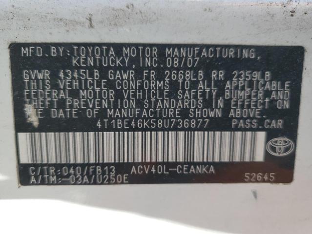 4T1BE46K58U736877 - 2008 TOYOTA CAMRY CE Ağ foto 12