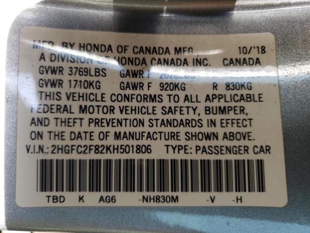 2HGFC2F82KH501806 - 2019 HONDA CIVIC SPORT 黑色 照片 12