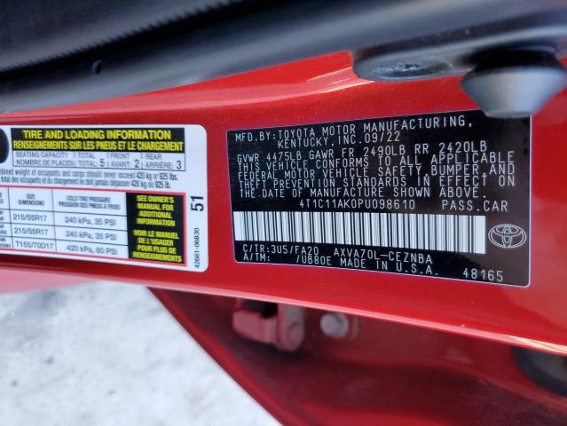 4T1C11AK0PU098610 - 2023 TOYOTA CAMRY LE 红色 照片 12