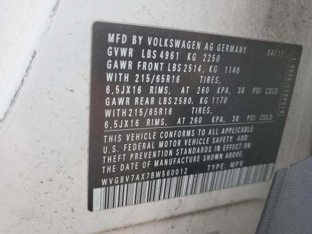 WVGBV7AX7BW560012 - 2011 VOLKSWAGEN TIGUAN S 白色 照片 13