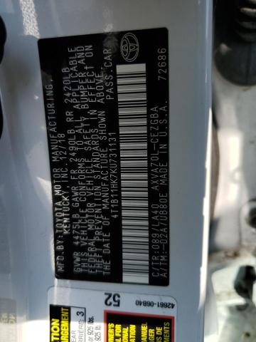 4T1B11HK7KU731131 - 2019 TOYOTA CAMRY L Weiß Foto 12