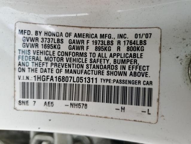 1HGFA16807L051311 - 2007 HONDA CIVIC EX Ağ foto 12