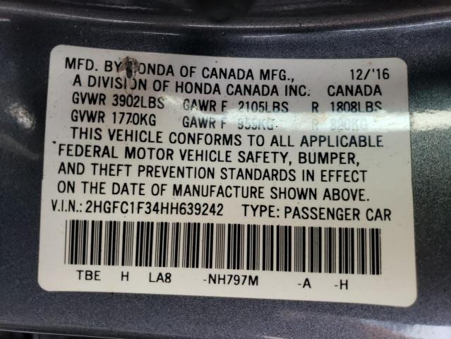 2HGFC1F34HH639242 - 2017 HONDA CIVIC EX GRAY photo 12