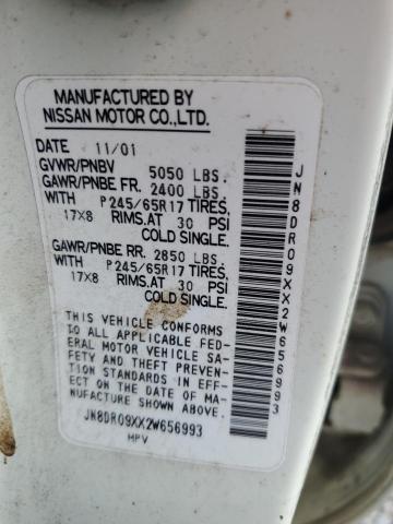 JN8DR09XX2W656993 - 2002 NISSAN PATHFINDER LE WHITE photo 12