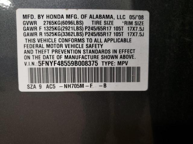 5FNYF48559B008375 - 2009 HONDA PILOT EXL GRAY photo 13