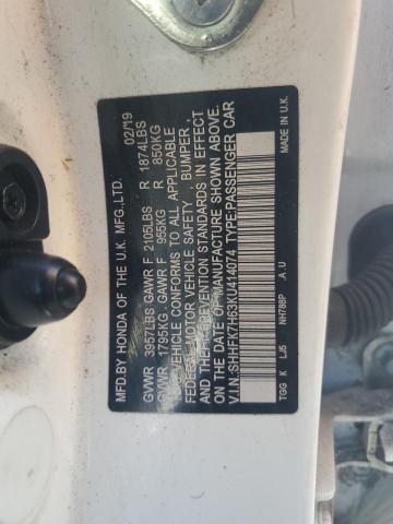 SHHFK7H63KU414074 - 2019 HONDA CIVIC EX Beyaz fotoğraf 12