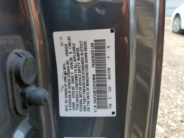 2HGFG3B15CH524808 - 2012 HONDA CIVIC EXL ნაცრისფერი ფოტო 12