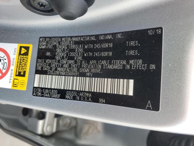 5TDJZRFH6KS568491 - 2019 TOYOTA HIGHLANDER SE 银色 照片 13