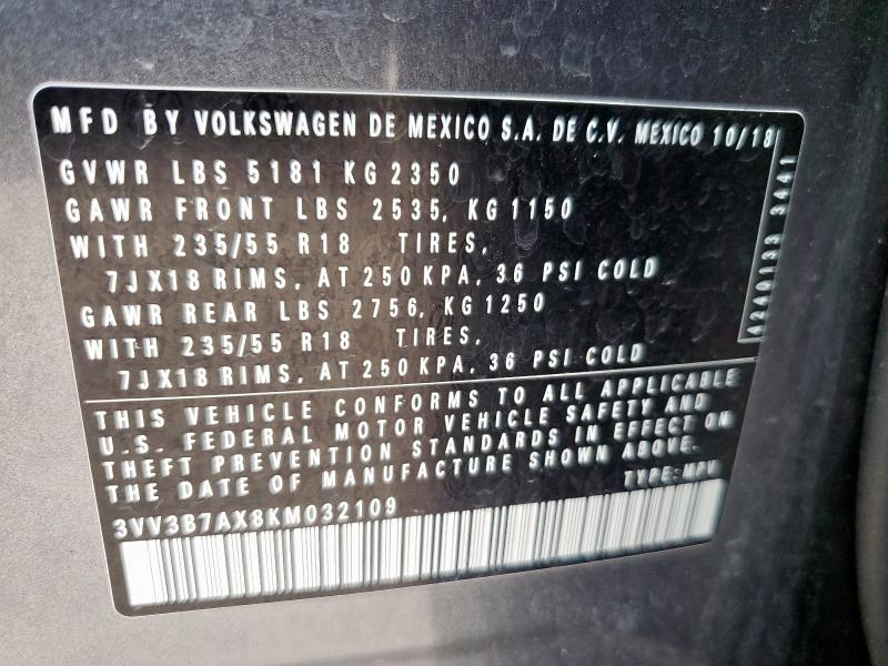 3VV3B7AX8KM032109 - 2019 VOLKSWAGEN TIGUAN SE ნაცრისფერი ფოტო 12