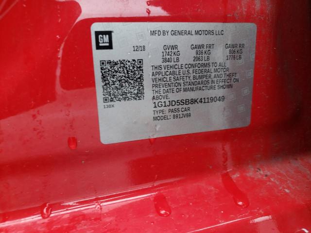 1G1JD5SB8K4119049 - 2019 CHEVROLET SONIC LT RED photo 12