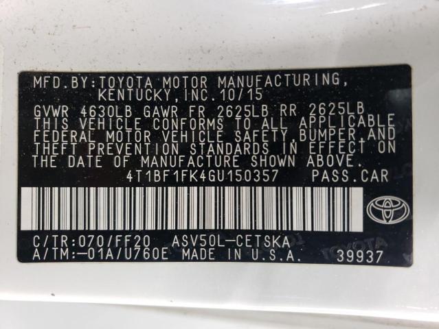 4T1BF1FK4GU150357 - 2016 TOYOTA CAMRY LE WHITE photo 13