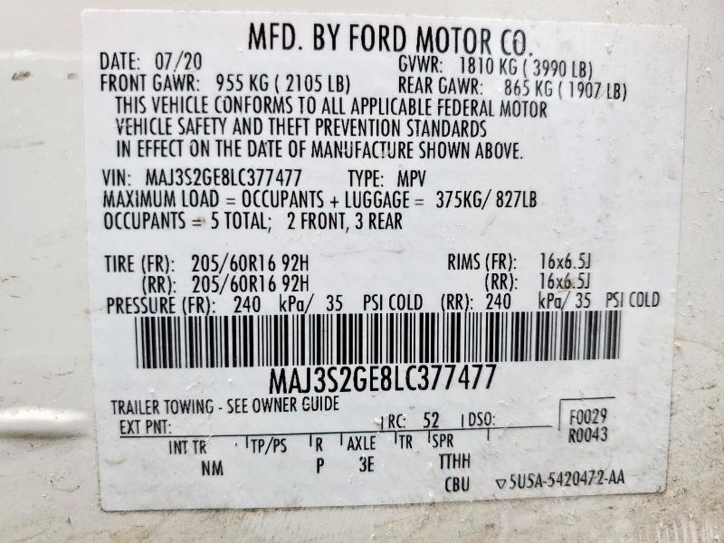 MAJ3S2GE8LC377477 - 2020 FORD ECOSPORT SE Blanc photo 14