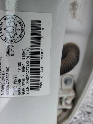 2HGFC2F74KH013349 - 2019 HONDA CIVIC EX WHITE photo 13