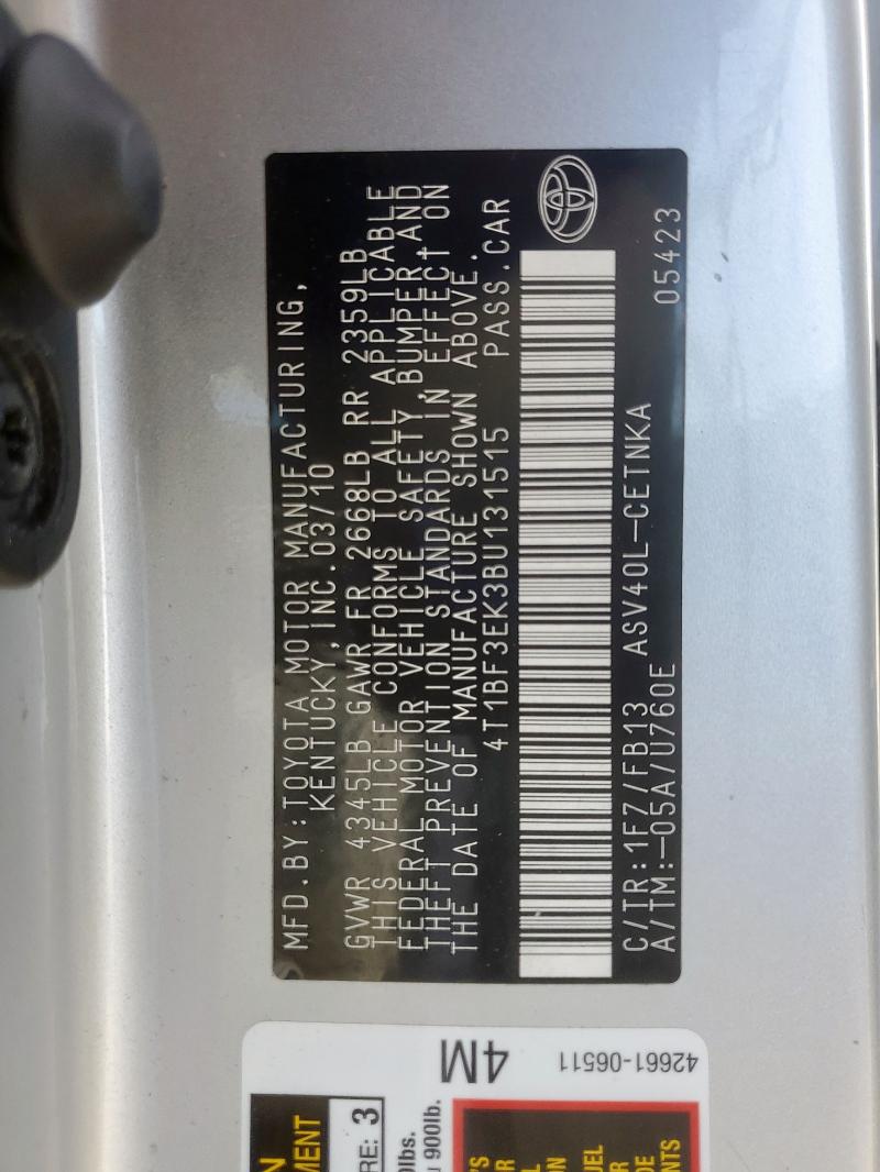 4T1BF3EK3BU131515 - 2011 TOYOTA CAMRY BASE SILVER photo 13