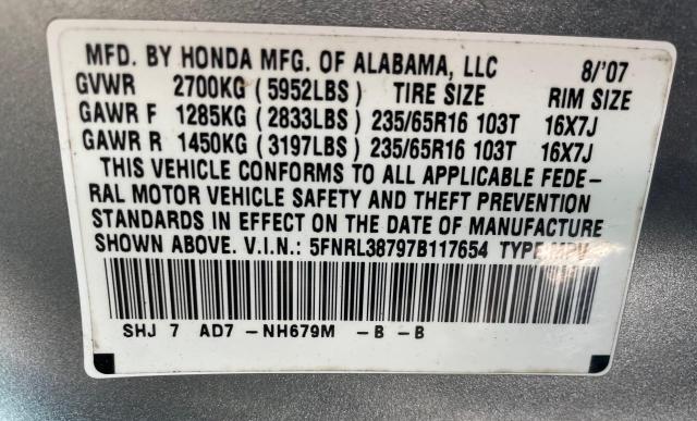 5FNRL38797B117654 - 2007 HONDA ODYSSEY EXL GRAY photo 10