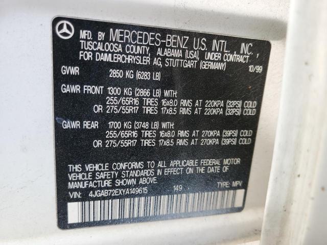 4JGAB72EXYA149615 - 2000 MERCEDES-BENZ ML 430 白色 照片 13