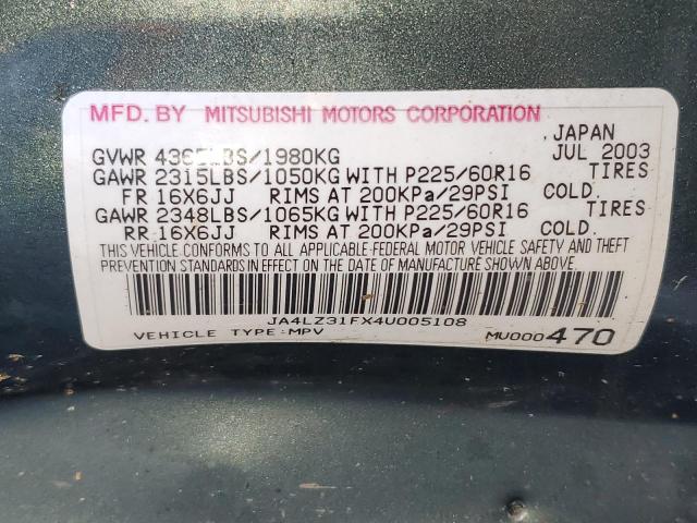 JA4LZ31FX4U005108 - 2004 MITSUBISHI OUTLANDER LS GREEN photo 14