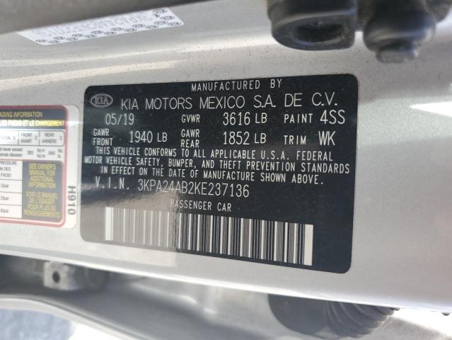 3KPA24AB2KE237136 - 2019 KIA RIO S SILVER photo 12